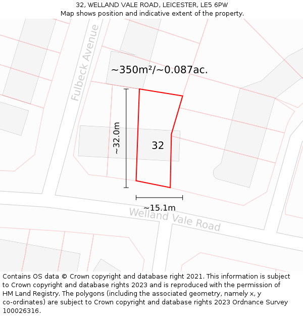 32, WELLAND VALE ROAD, LEICESTER, LE5 6PW: Plot and title map