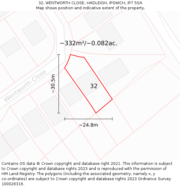 32, WENTWORTH CLOSE, HADLEIGH, IPSWICH, IP7 5SA: Plot and title map