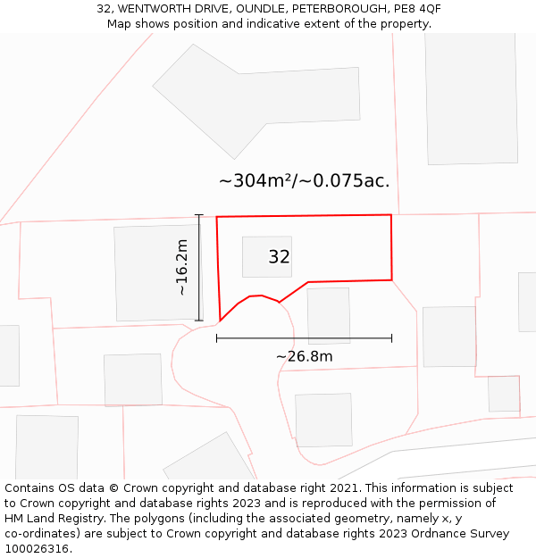 32, WENTWORTH DRIVE, OUNDLE, PETERBOROUGH, PE8 4QF: Plot and title map