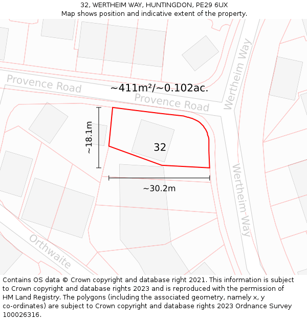 32, WERTHEIM WAY, HUNTINGDON, PE29 6UX: Plot and title map