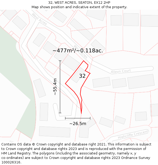 32, WEST ACRES, SEATON, EX12 2HP: Plot and title map