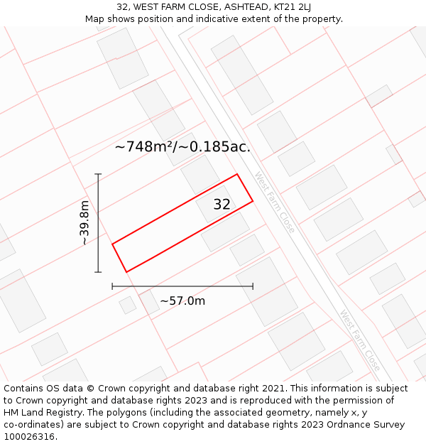 32, WEST FARM CLOSE, ASHTEAD, KT21 2LJ: Plot and title map