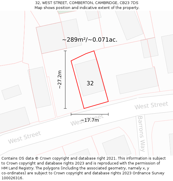 32, WEST STREET, COMBERTON, CAMBRIDGE, CB23 7DS: Plot and title map