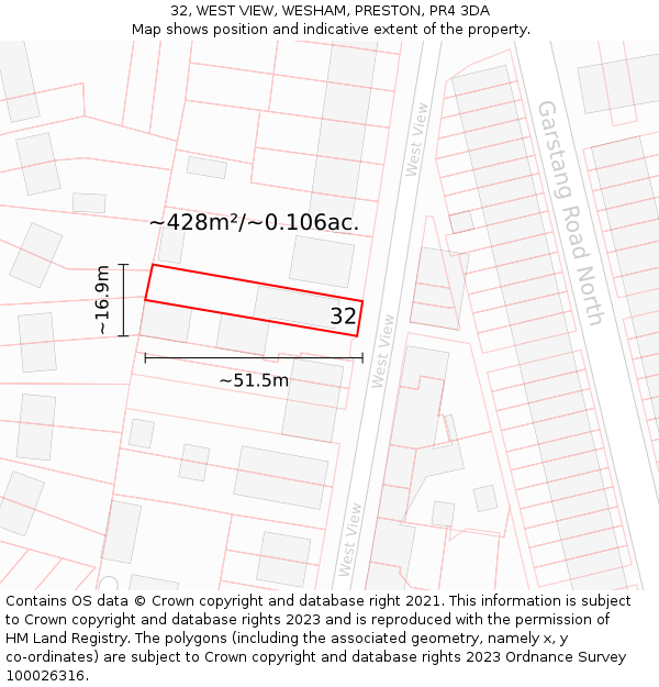 32, WEST VIEW, WESHAM, PRESTON, PR4 3DA: Plot and title map