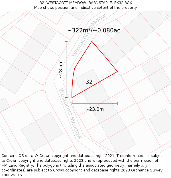 32, WESTACOTT MEADOW, BARNSTAPLE, EX32 8QX: Plot and title map
