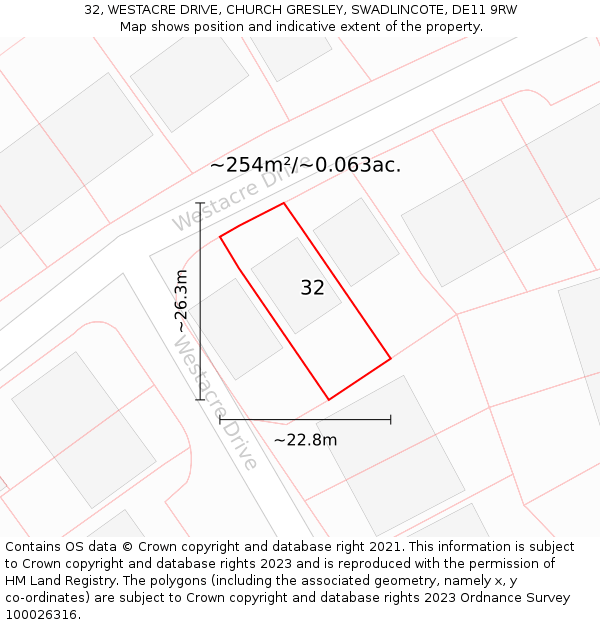 32, WESTACRE DRIVE, CHURCH GRESLEY, SWADLINCOTE, DE11 9RW: Plot and title map