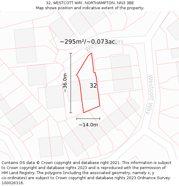 32, WESTCOTT WAY, NORTHAMPTON, NN3 3BE: Plot and title map