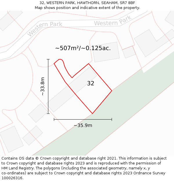 32, WESTERN PARK, HAWTHORN, SEAHAM, SR7 8BF: Plot and title map