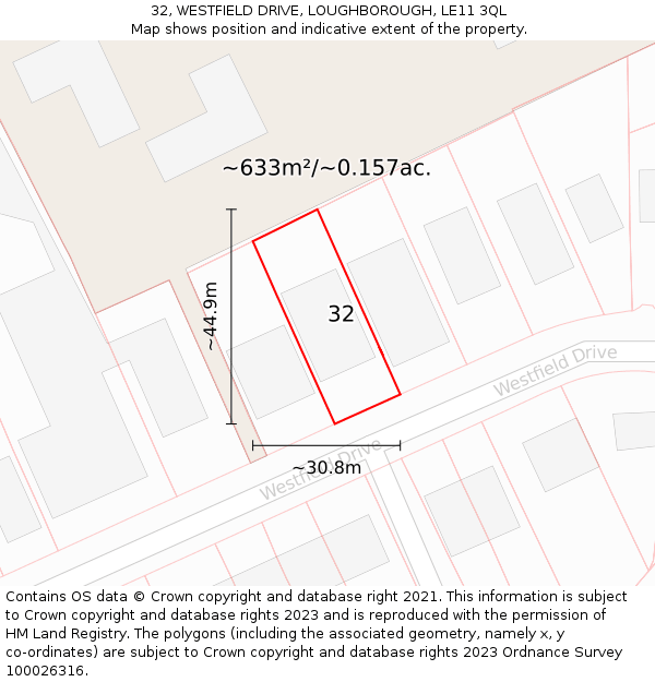 32, WESTFIELD DRIVE, LOUGHBOROUGH, LE11 3QL: Plot and title map