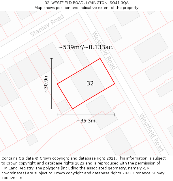 32, WESTFIELD ROAD, LYMINGTON, SO41 3QA: Plot and title map
