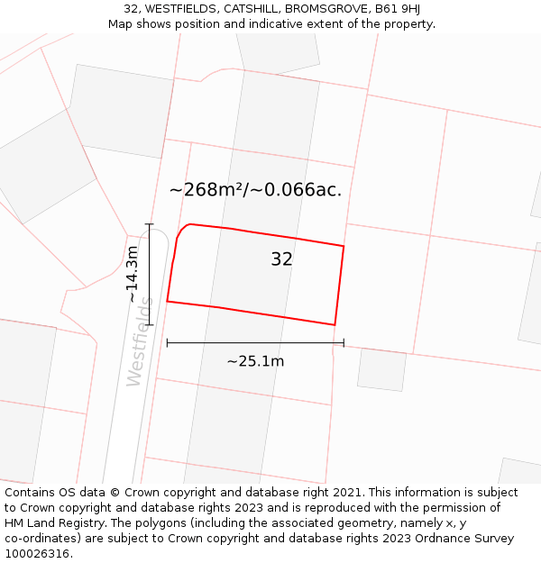 32, WESTFIELDS, CATSHILL, BROMSGROVE, B61 9HJ: Plot and title map