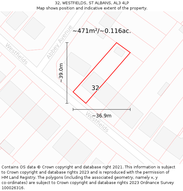32, WESTFIELDS, ST ALBANS, AL3 4LP: Plot and title map
