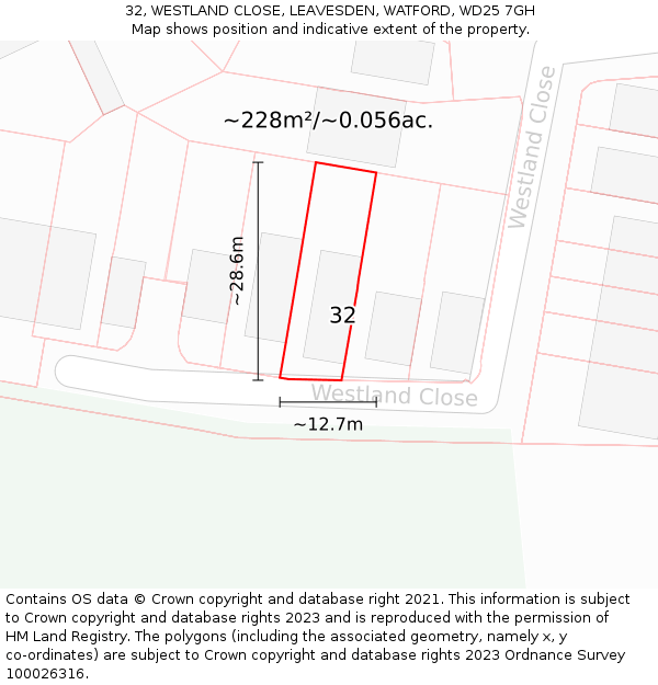 32, WESTLAND CLOSE, LEAVESDEN, WATFORD, WD25 7GH: Plot and title map