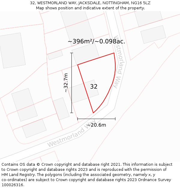 32, WESTMORLAND WAY, JACKSDALE, NOTTINGHAM, NG16 5LZ: Plot and title map