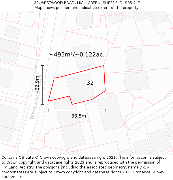 32, WESTWOOD ROAD, HIGH GREEN, SHEFFIELD, S35 4LE: Plot and title map