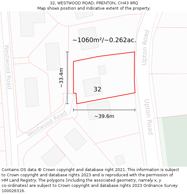 32, WESTWOOD ROAD, PRENTON, CH43 9RQ: Plot and title map