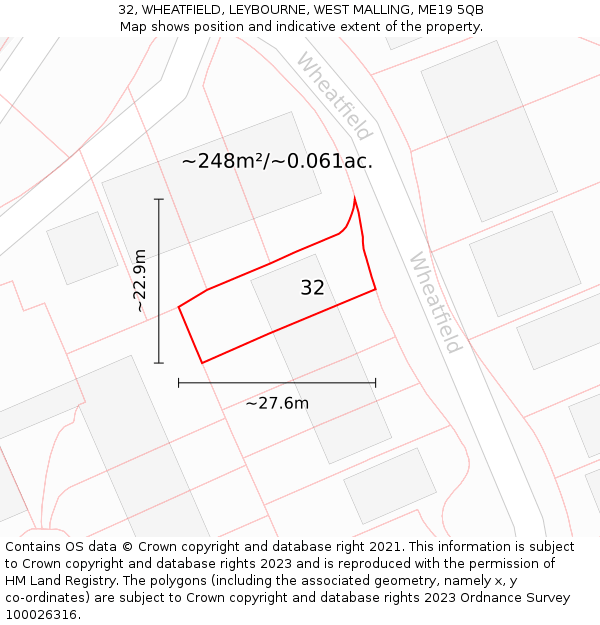 32, WHEATFIELD, LEYBOURNE, WEST MALLING, ME19 5QB: Plot and title map