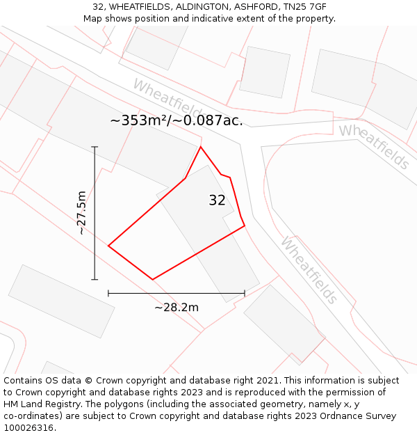 32, WHEATFIELDS, ALDINGTON, ASHFORD, TN25 7GF: Plot and title map