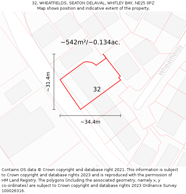 32, WHEATFIELDS, SEATON DELAVAL, WHITLEY BAY, NE25 0PZ: Plot and title map