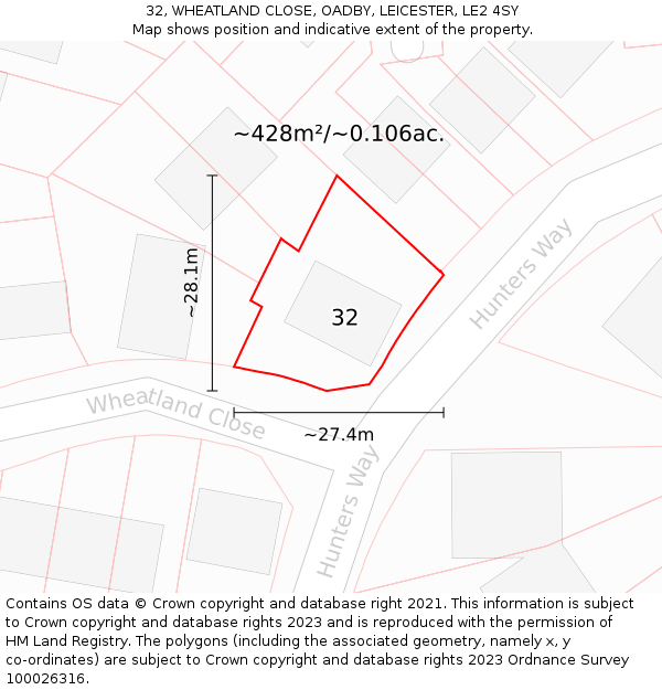 32, WHEATLAND CLOSE, OADBY, LEICESTER, LE2 4SY: Plot and title map