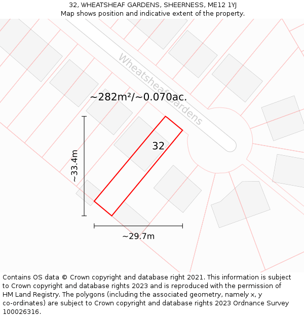 32, WHEATSHEAF GARDENS, SHEERNESS, ME12 1YJ: Plot and title map