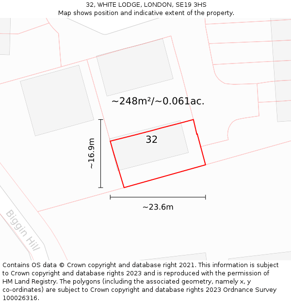 32, WHITE LODGE, LONDON, SE19 3HS: Plot and title map