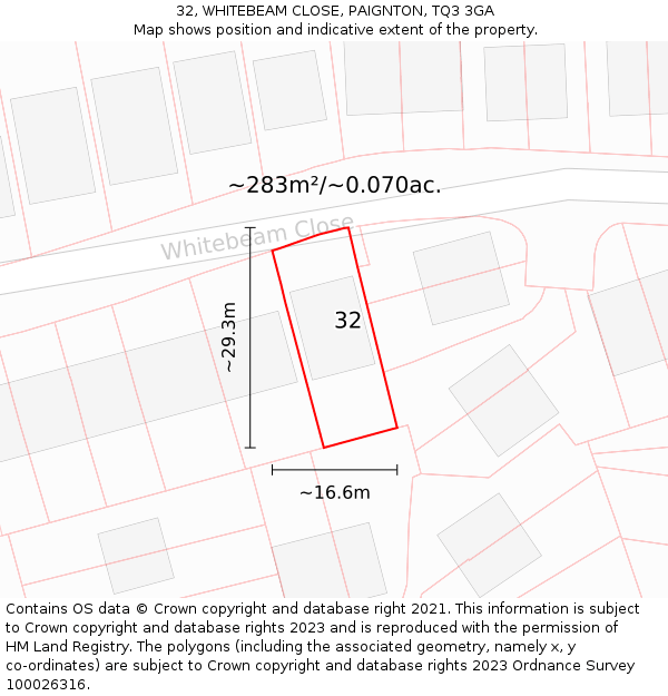 32, WHITEBEAM CLOSE, PAIGNTON, TQ3 3GA: Plot and title map