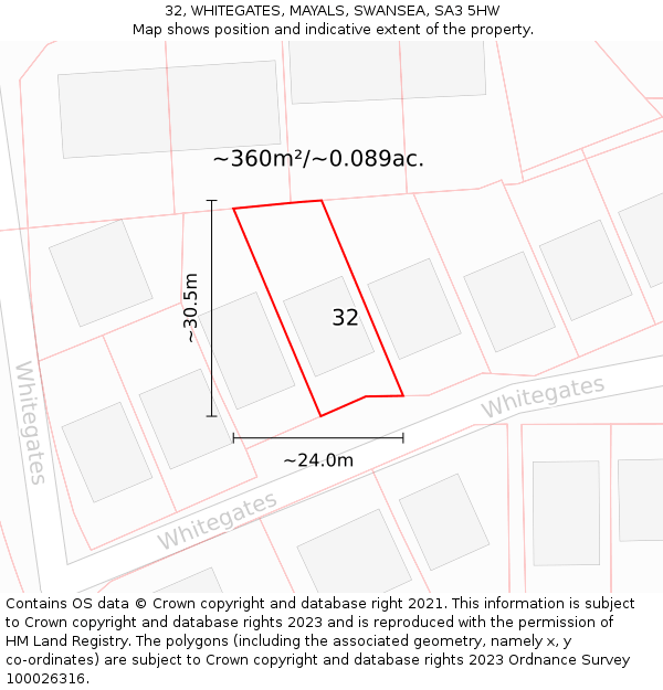 32, WHITEGATES, MAYALS, SWANSEA, SA3 5HW: Plot and title map