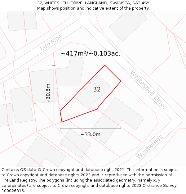 32, WHITESHELL DRIVE, LANGLAND, SWANSEA, SA3 4SY: Plot and title map