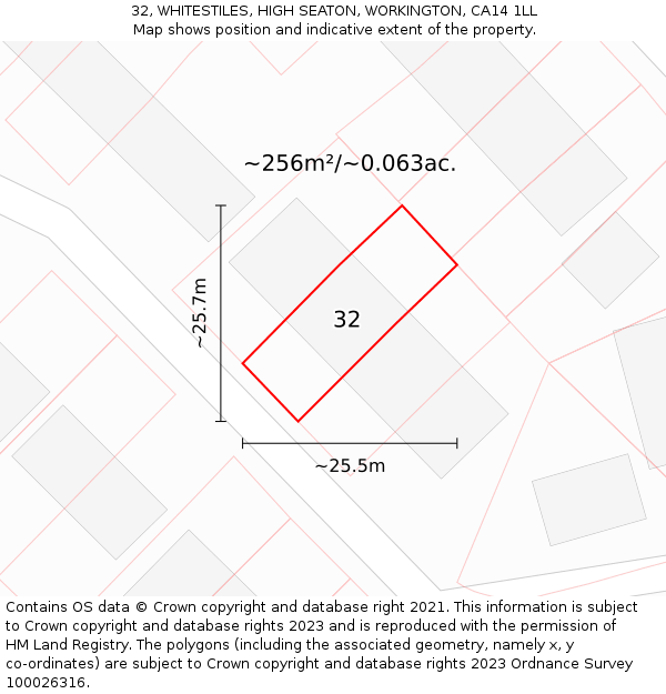 32, WHITESTILES, HIGH SEATON, WORKINGTON, CA14 1LL: Plot and title map
