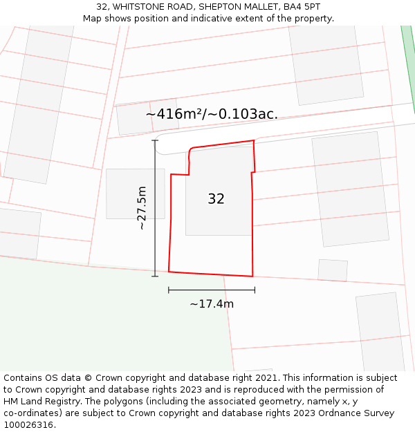 32, WHITSTONE ROAD, SHEPTON MALLET, BA4 5PT: Plot and title map