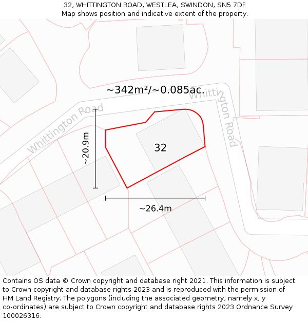 32, WHITTINGTON ROAD, WESTLEA, SWINDON, SN5 7DF: Plot and title map