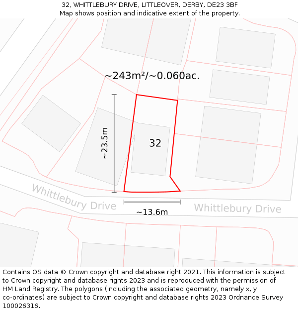 32, WHITTLEBURY DRIVE, LITTLEOVER, DERBY, DE23 3BF: Plot and title map