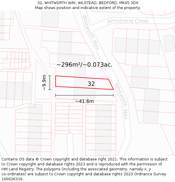 32, WHITWORTH WAY, WILSTEAD, BEDFORD, MK45 3DX: Plot and title map