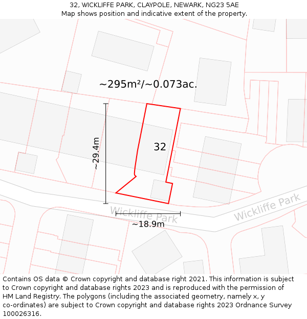 32, WICKLIFFE PARK, CLAYPOLE, NEWARK, NG23 5AE: Plot and title map