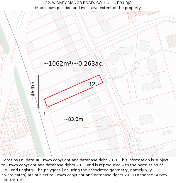 32, WIDNEY MANOR ROAD, SOLIHULL, B91 3JQ: Plot and title map