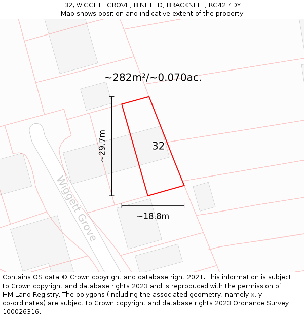 32, WIGGETT GROVE, BINFIELD, BRACKNELL, RG42 4DY: Plot and title map