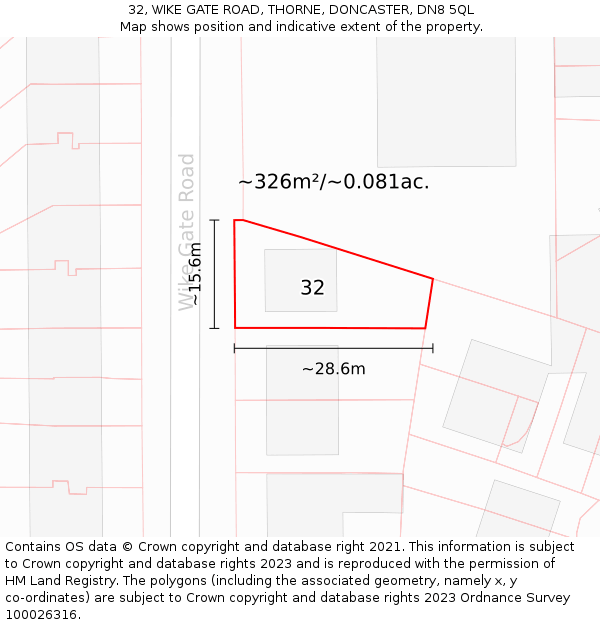 32, WIKE GATE ROAD, THORNE, DONCASTER, DN8 5QL: Plot and title map