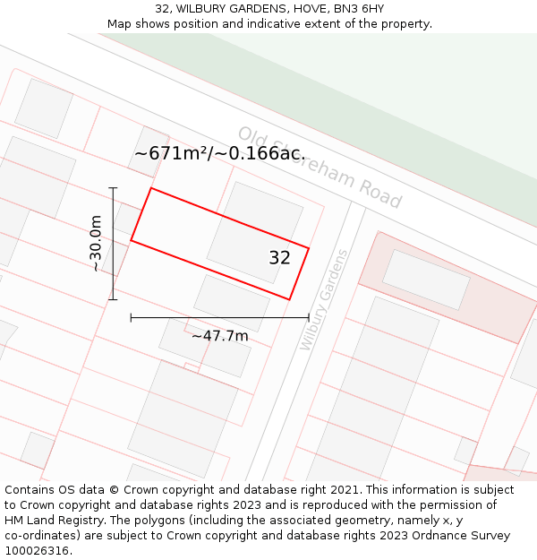 32, WILBURY GARDENS, HOVE, BN3 6HY: Plot and title map