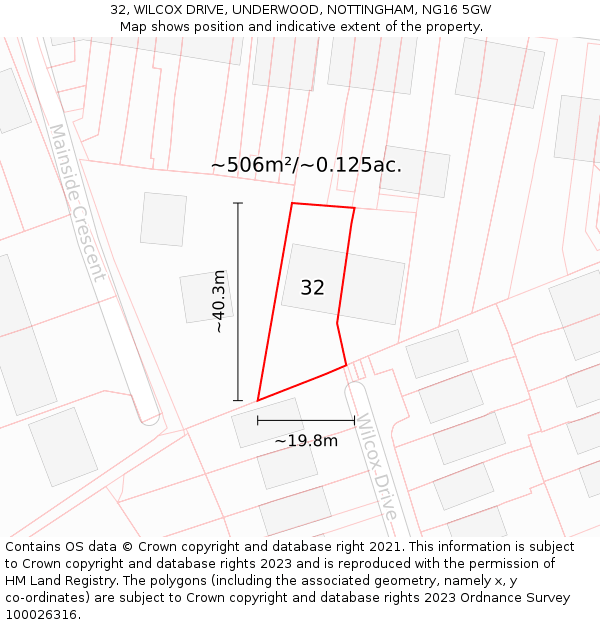 32, WILCOX DRIVE, UNDERWOOD, NOTTINGHAM, NG16 5GW: Plot and title map