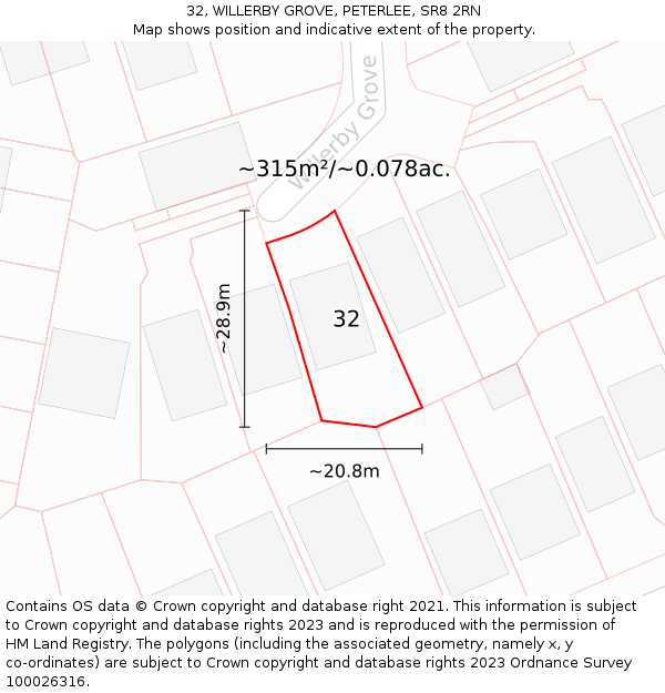 32, WILLERBY GROVE, PETERLEE, SR8 2RN: Plot and title map