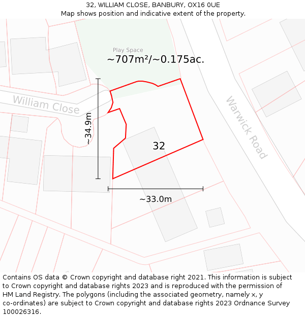 32, WILLIAM CLOSE, BANBURY, OX16 0UE: Plot and title map
