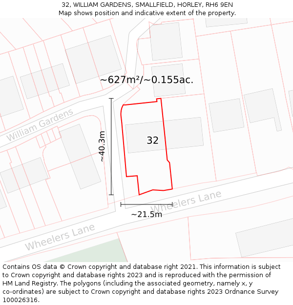32, WILLIAM GARDENS, SMALLFIELD, HORLEY, RH6 9EN: Plot and title map