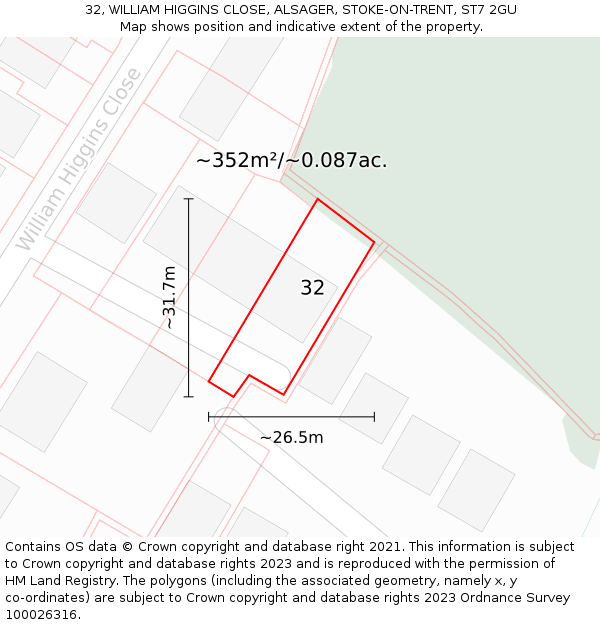 32, WILLIAM HIGGINS CLOSE, ALSAGER, STOKE-ON-TRENT, ST7 2GU: Plot and title map