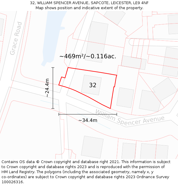 32, WILLIAM SPENCER AVENUE, SAPCOTE, LEICESTER, LE9 4NF: Plot and title map