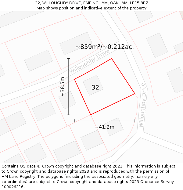 32, WILLOUGHBY DRIVE, EMPINGHAM, OAKHAM, LE15 8PZ: Plot and title map