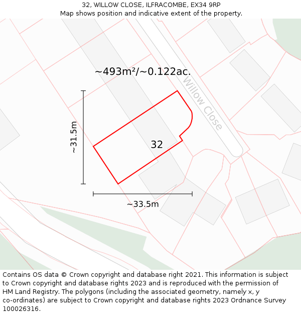 32, WILLOW CLOSE, ILFRACOMBE, EX34 9RP: Plot and title map