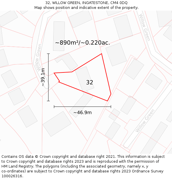 32, WILLOW GREEN, INGATESTONE, CM4 0DQ: Plot and title map