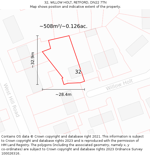 32, WILLOW HOLT, RETFORD, DN22 7TN: Plot and title map