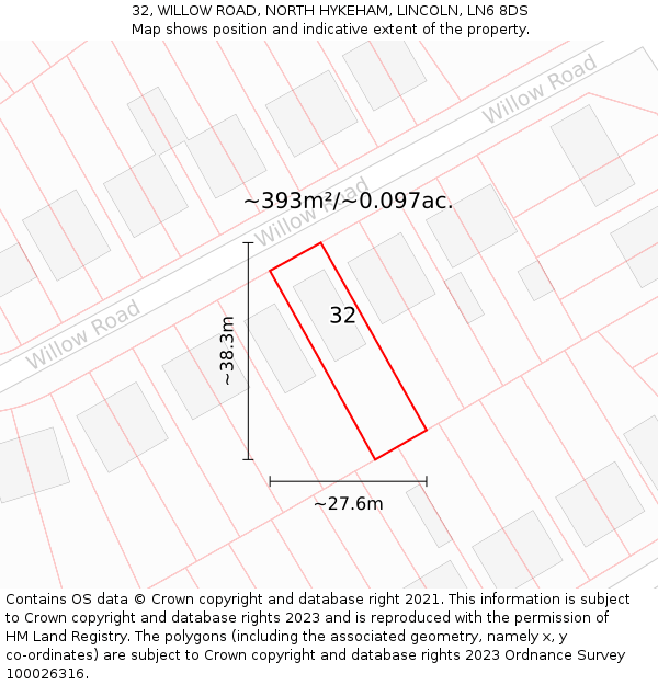 32, WILLOW ROAD, NORTH HYKEHAM, LINCOLN, LN6 8DS: Plot and title map